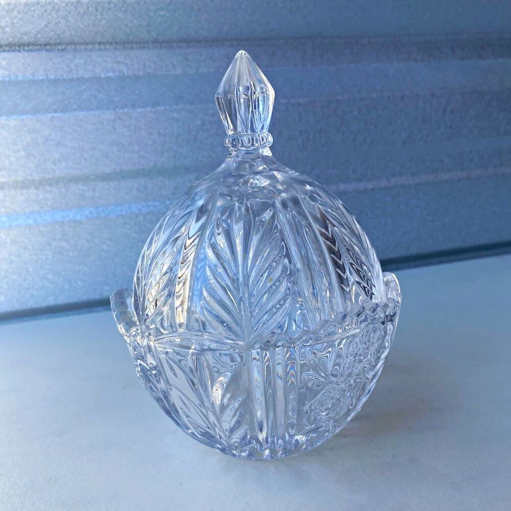 Vintage Crystal Sugar Bowl Lid Set Rose Cut Glass Covered Candy Dish